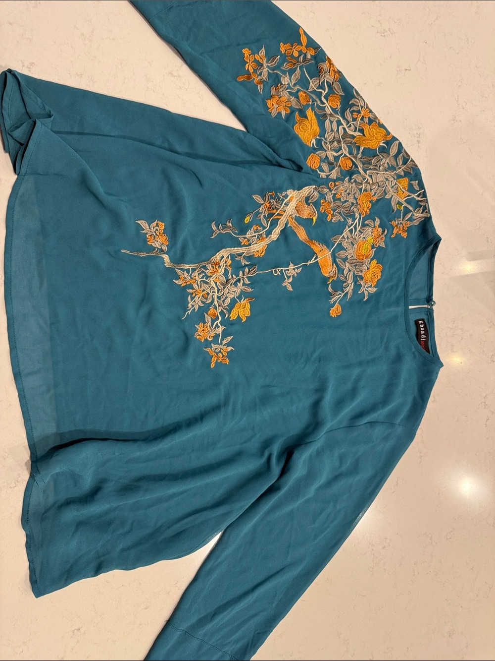 Teal Embroidered Long-Sleeve Tee with Yellow Floral Detail - Women